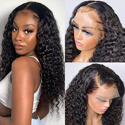 Pizazz 220 Density Deep Wave Human Hair Wigs for Black Women 13x4 Glueless HD Transparent Lace Front Wigs Human Hair With Baby Hair Natural Color18 Inch